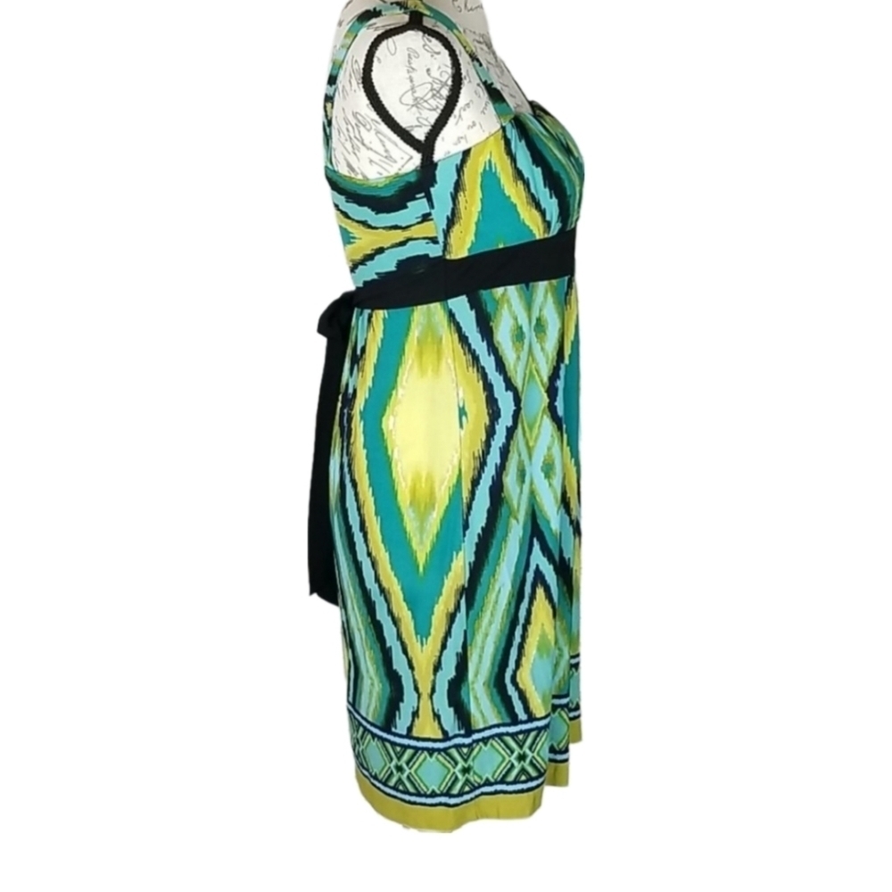 Carole Little Sateen Dress Green Blue Retro Groovy 70s Style Print Vintage, 8 - Picture 3 of 7